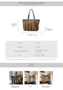 Tableau des tailles pour grand sac cabas en toile avec dimensions 46x35x12cm et coloris