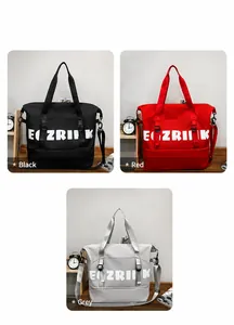 Three large capacity oxford travel bags shown in black, red, and grey with shoulder straps