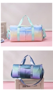 Macro detail of high-quality gradient nylon duffle bags in pastel and deep cosmic tones