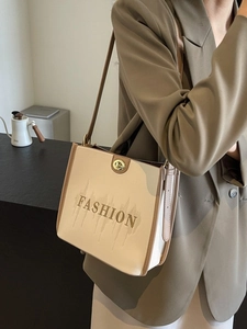 Fashion Women PU Leather Tote Bag Large Capacity Color Block Letter Embroidery Shoulder Bag With Crossbody Strap Commuter Handbag