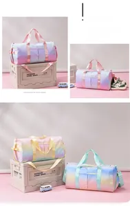 Detail view of large travel bag showing independent shoe compartment and gradient design