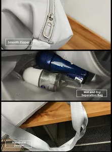 Detail view of smooth metal zipper and dry-wet separation pocket in gray travel bag
