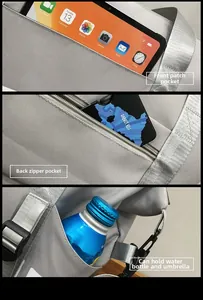 Detail view of the front pocket, back zipper compartment, and side water bottle holder
