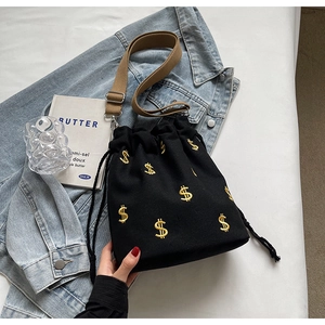 Sac Seau en Toile pour Femmes avec Cordon de Serrage Broderie Signe Dollar Bandoulière Large Réglable Sacoche Décontractée