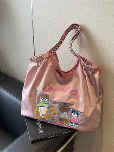Damen Große Kapazität Lässig Tote Bag Mit Cartoon Hund Stickerei Und Bunten Geflochtenen Griffen Mode Kordelzug Schultertasche