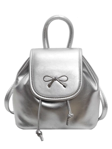 Mini metallic silver backpack with chic metal bow buckle and drawstring closure