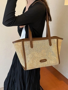 Sac Cabas en Paille Tissée pour Femmes Grande Capacité Garniture en Cuir PU Sac à Épaule Bohème Vacances Plage Sac à Main Décontracté