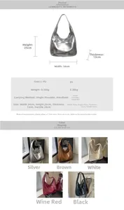 Detailed size specifications and multiple color options for the minimalist PU leather tote bag