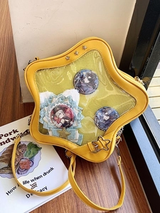 Sac ita jaune en forme d'étoile en cuir PU avec fenêtre PVC transparente et clous