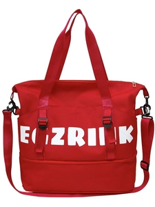 Large capacity red oxford fabric travel tote bag with shoulder strap and white logo