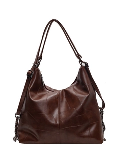Vintage dark brown PU leather tote bag with geometric stitching and metal chain detail