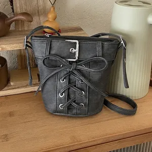 Damen Mode Schnürung Bucket Bag PU Denim Canvas Umhängetasche Mit Schleife Y2K Retro Streetwear Handtasche Geschenk