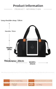 Size chart for black Oxford travel bag measuring 44x30x20cm with iPad for scale
