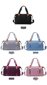 Matrix display of large oxford cloth travel bags in black, grey, blue, purple, and pink colors