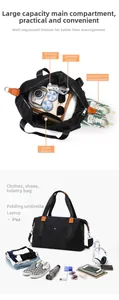 Detail view of large travel bag showing inner pockets and separate shoe compartment