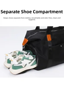 Detail of the large capacity oxford travel bag featuring a separate ventilated shoe compartment