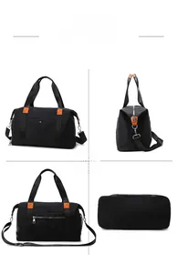 Detailed four-angle view of large black oxford fabric travel bag with brown leather accents