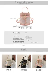 Lace-covered cylindrical bucket bag detail showing dimensions, studs, and color options