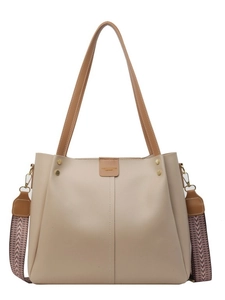 Grande borsa tote beige con manici in pelle marrone e ampia tracolla in tessuto operato