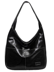 Black high-gloss hobo tote bag with white contrast stitching and large capacity