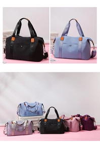 Detail of multi-color waterproof nylon travel bags with leather trim and shoulder straps