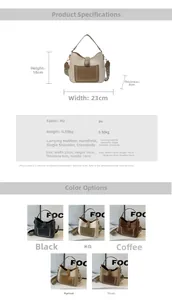 Detailed view of the size specifications and color options for the women's bucket bag