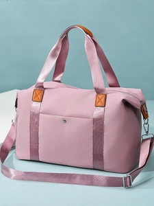 Large mauve oxford cloth travel tote bag with leather trim and shoulder strap