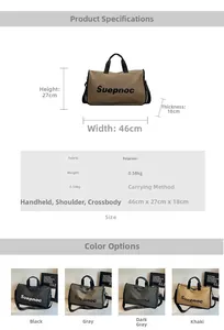 Detailed size specifications for Suepnoc travel bag showing 46x27x18cm dimensions