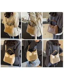 Collage of chic PU leather bucket bags showing adjustable straps and multi-color options
