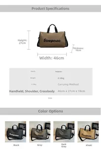 Detailed specs of multi-functional travel bag with dimensions 46x27x18cm and 0.58kg weight