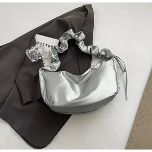 Women Urban Minimalist PU Leather Pleated Shoulder Bag Ruched Strap Half Moon Hobo Bag With Metal Plate Decor Large Capacity