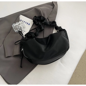 Black PU leather half-moon shoulder bag with trendy pleated strap and metal zipper