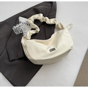 Minimalist cream white PU crescent moon shoulder bag with stylish ruched strap detail
