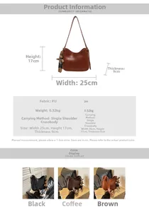 Detailed size specifications for a retro crossbody bucket bag with 25x17x9cm dimensions