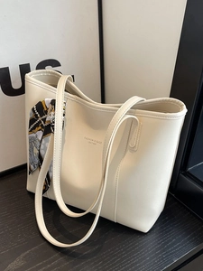 Large capacity vintage cream tote bag for women with decorative silk scarf on the side