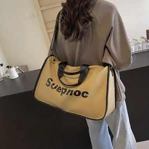 Large khaki travel tote bag with Suepnoc logo and adjustable black shoulder strap