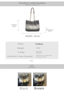 Detailed size chart and specifications for large capacity striped canvas tote bag