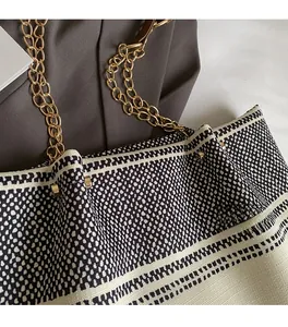 Close-up of canvas tote bag showing black and white texture with gold chain strap