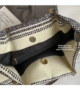 Detail view of canvas tote bag with magnetic closure, inner zipper pocket and stripe print