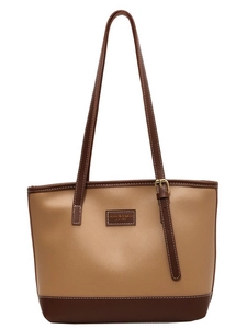 Retro large capacity tote bag in khaki and brown contrast faux leather for daily commute