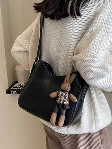 Women Vintage PU Leather Hobo Bucket Bag Fashion Large Capacity Shoulder Bag With Knitting Rabbit Pendant Crossbody Bag
