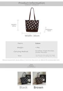Vue détaillée du sac cabas en toile avec base en cuir et marquages de dimensions