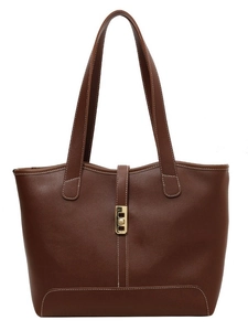 Brown tote bag with white contrast stitching and gold twist lock closure on white background