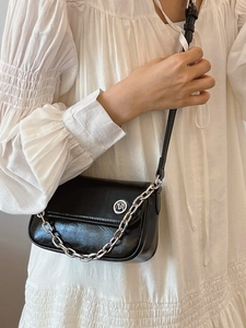 Women Fashion Glossy PU Leather Crossbody Bag Vintage Metal Chain Small Square Shoulder Bag With Circular Logo Adjustable Strap Commute Purse