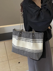 Large Capacity Women Canvas Tote Bag Vintage Striped Polka Dot Geometric Pattern Fashion Shoulder Bag With Chain Strap