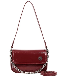 Deep burgundy glossy patent leather crossbody bag with silver chain and M logo