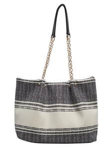 Large capacity canvas tote bag with black and white geometric patterns and chain strap