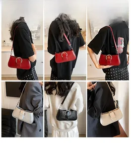 Collage of chic shoulder bags in red, silver, and black with metal horseshoe buckles
