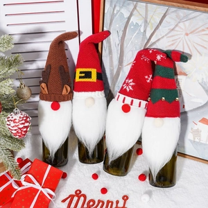 Set of 4 Christmas gnome wine bottle covers with reindeer antlers and snowflake knits