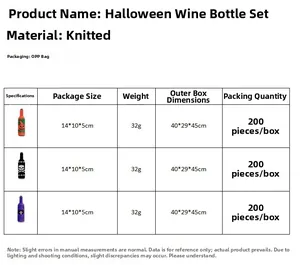 Detailed size chart for knitted Halloween wine bottle covers with skull and pumpkin designs